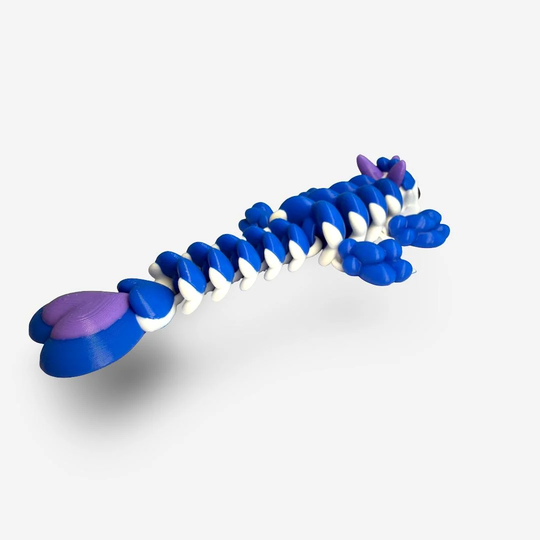 3D drukāts kustīgs zilais pūķis ar sirds formas asti